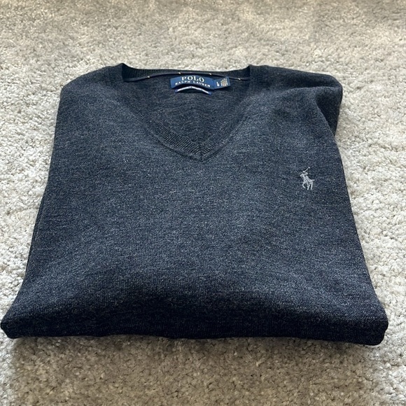POLO RALPH LAUREN charcoal grey v neck sweater NWOT washable merino wool size L - Picture 1 of 15